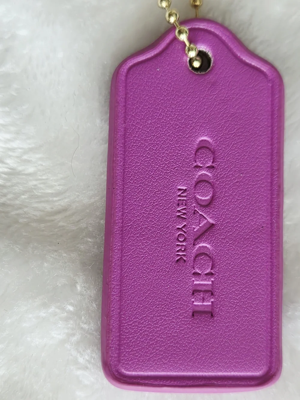 C Logo Fuchsia Leather Tag Keychain with Gold Ball Chain Bag Tag Purse Tag